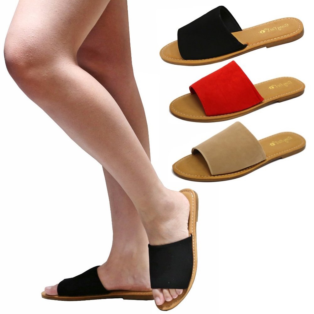 New Black Wide Band Slip On Slide Slipper Sandals